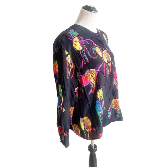 Escada By Margaretha Ley 100% Silk Neon Zebra Print Blouse Sequins Size 42/Large - Picture 4 of 10